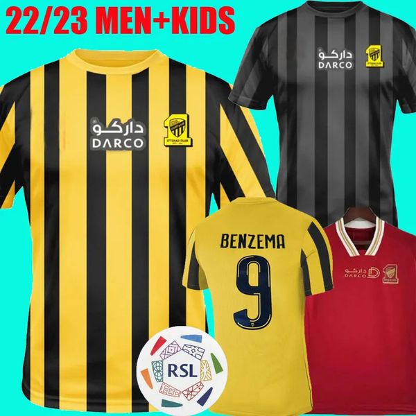 

22 23 benzema al ittihad fc soccer jerseys 2023 hamdallah romarinho camara home third black wine costa coronado hegazy men size football shi, Black;yellow