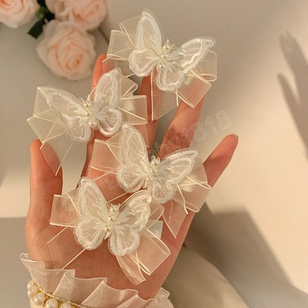 

white pearl butterfly bow hairpin headdress duckbill clip girls barrettes gripper hair accessories, Slivery;white