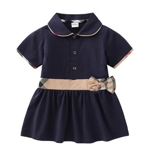 

Cute Girls Dresses Bowknot Cotton Kids Baby Turn-Down Collar Short Sleeve Dress Toddler Girl Plaid Princess Skirt Children Clothes, Blue