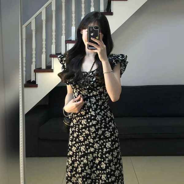 

tea break french black fragmented flower hanging strap small flying sleeve dress children's summer 2023 new style long dress, White;black