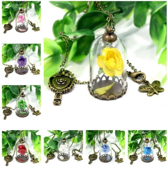 

fashion beauty beast glass cover pendant key butterfly rose flower glass bottle necklace djn319 mix order pendant necklaces jewelr4826928, Silver