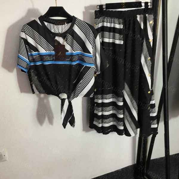 

23ss womens designer clothing skirt set presbytery logo striped print tie waist short sleeve t-shirt side slit high waist skirt sets womens, White