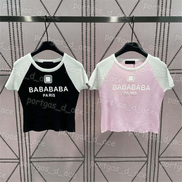 

letter women t shirt knit contrast color short sleeve charm lady girls, Black