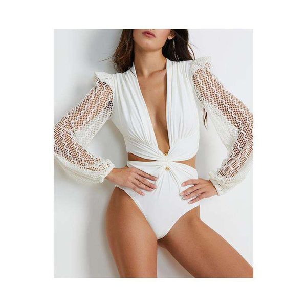 

jiesini one piece swimsuit womens lace long sleeve printed solid color, White;black