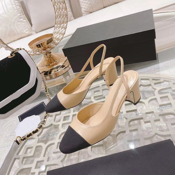

high heels fashion shoes formal chunky heel slingbacks sandals lady leather heels summer luxury brand letter printed dress shoes outdoors ro, Black