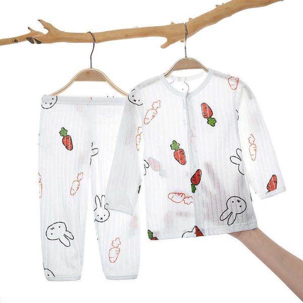 

cotton two piece set men's and women's thin air conditioned split pajamas baby long sleeve summer clothing, White