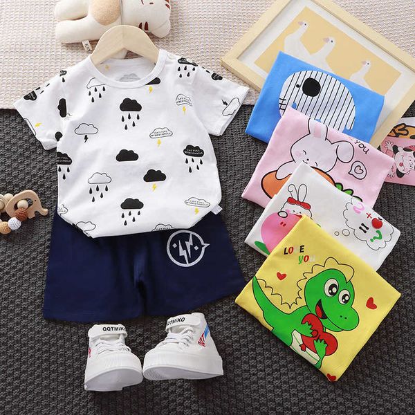 

new summer boys and girls' t-shirt baby short sleeve set pure cotton children's clothing, White