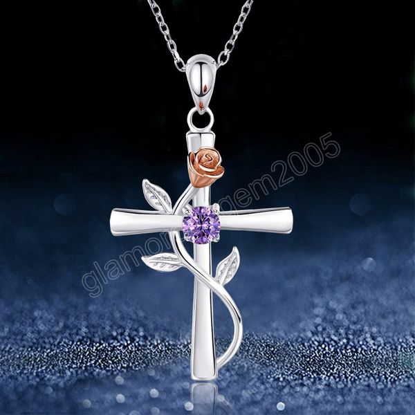 

fashion rose christian jesus cross necklace creative craft carved rose pendant romantic lover gifts for girls, Silver
