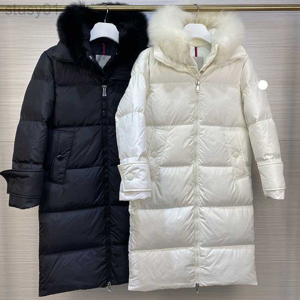 

designer women's down jackets embroidered badges winter coat long fox fur collar womens winter coats, Black