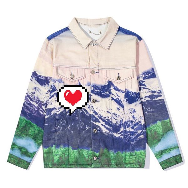 

designer women men new alps snow mountain spray-painted denim long-sleeved jacket, Black;brown