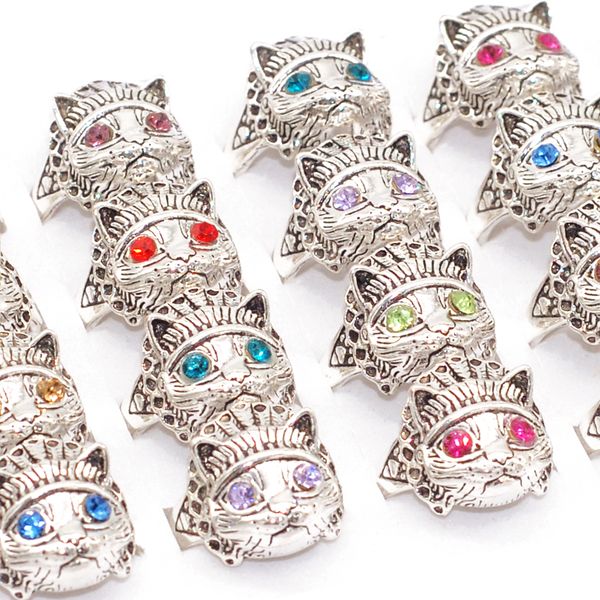 

wholesale 30pcs colorful eye egyptian cat head vintage rings women men fashion zircon design open adjustable metal party gift finger jewelry, Golden;silver