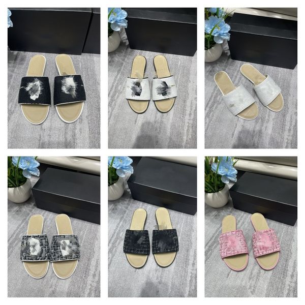 

small fragrant style slippers fashion women tweed sandals interlocking c letter flats slip on beach mule embroidery slides lady girls macaro, Black