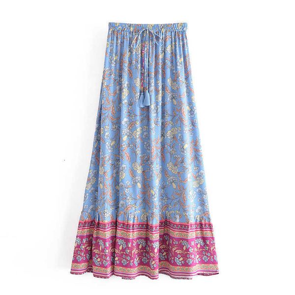 

bohemian vacation style rayon watermark localized print fringe lace up elastic waist large swing skirt beach, Black