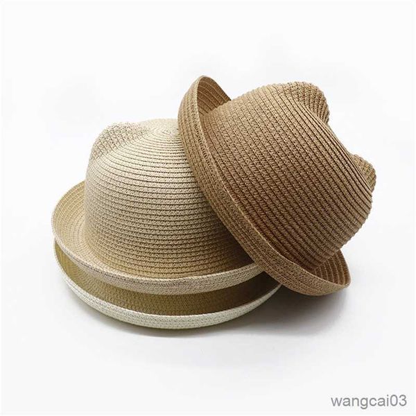 

caps hats kids summer straw hat cute baby hat with ears baby girls boys hat summer outdoor caps children beach sun hat, Yellow