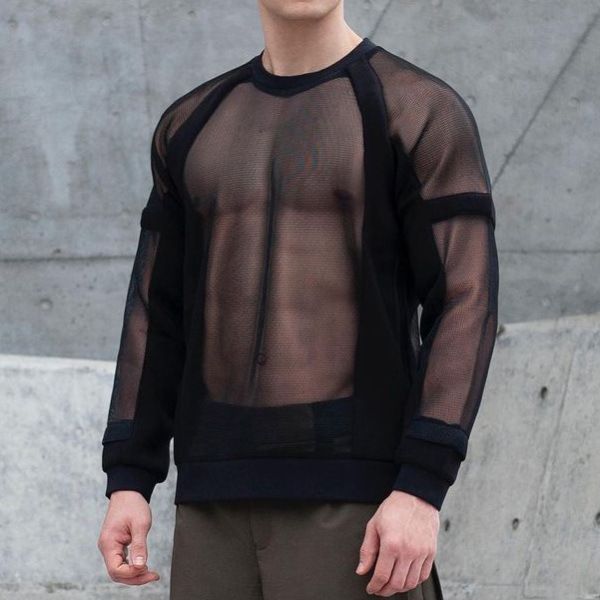 

men's t shirts men mesh cutout t-shirt see-through thin hoodie, White;black
