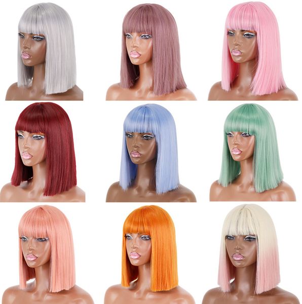 

stylish 12 inch burgundy red short synthetic wig with bangs numerous styles available enhance your beauty instantly, Black