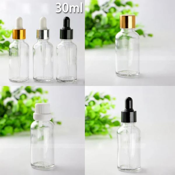 

factory supply 30ml clear essential oil dropper bottles with glass eye dropper and black silver gold safety cap glass packing bottles