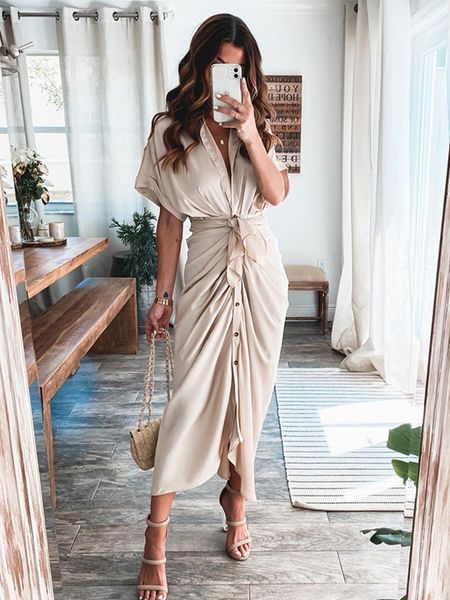 

foridol ruched elegant women causal shirt satin dress party dress half sleeve button sash maxi long dress gold dress, Black;gray