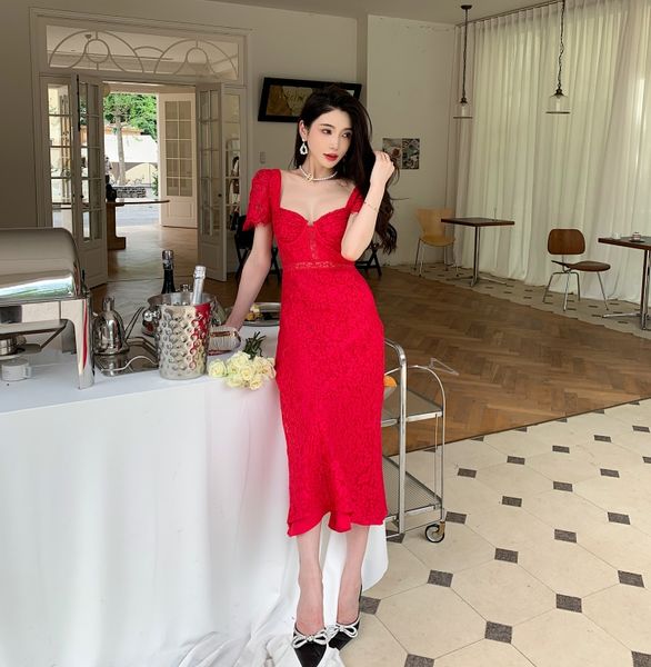 

casual dresses s-elf-portrait red lace midi dress short sleeve backless a-line dress for women, Black;gray