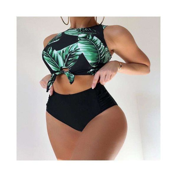 

swimwear leaf printed bikini womens high waist vest split swimsuit, White;black
