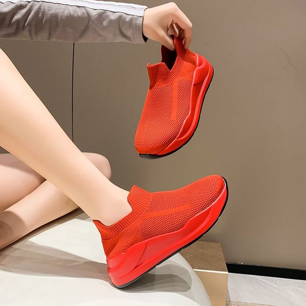 

plus size 42 breathable mesh platform sneakers women slip on soft ladies casual running shoes woman knit sock shoes flats, Black