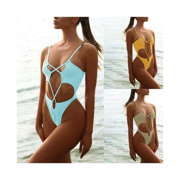 

solid color rope one piece bikini female, White;black