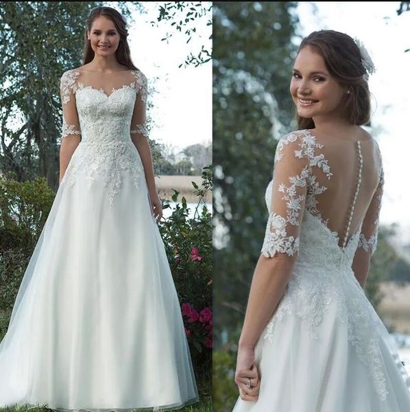 

scoop tulle neckline half sleeves lace applique a-line wedding dress illusion back sweep train button bridal dress vestidos de novia, White