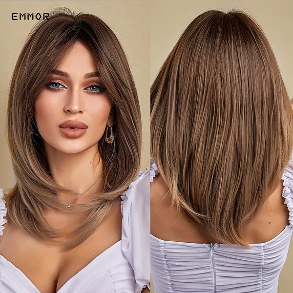 

synthetic ombre black to brown straight wig with bangswigs cosplay natural heat resistant wig for women daily hair wigfactory direct