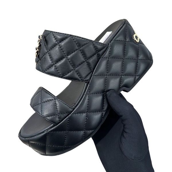 

womens wedge platform heels sandals height 3cm/7.5cm slippers designer quilted texture hardware matelasse sliders slingbacks dress shoe rubb, Black