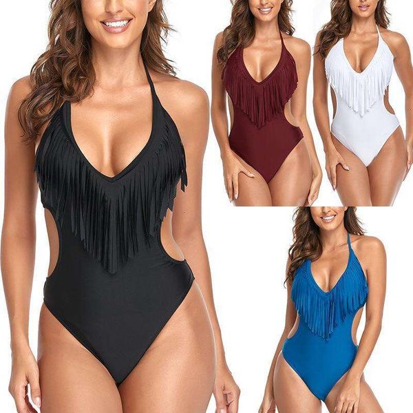 

swimsuit siamese triangle halter lace up tassle fashion backless women, White;black