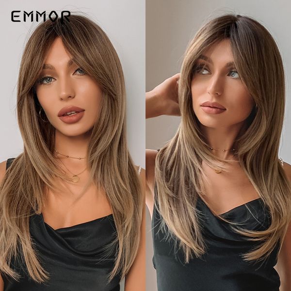 

synthetic ombre blonde wigs natural soft layered brown hair wig for women cosplay wigs high temperature fiber perucafactory dir, Black