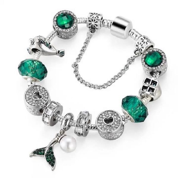 

fashion 925 sterling silver green crystal cartoon mermaid fish pearl murano lampwork glass & european charm beads dangle fits pandora charm, Golden;silver