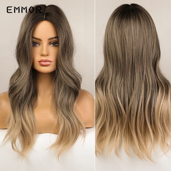 

synthetic wigs for women long wavy ombre light brown blonde middle part cosplay wigs fake hair heat resistant fiber wigsfactory, Black