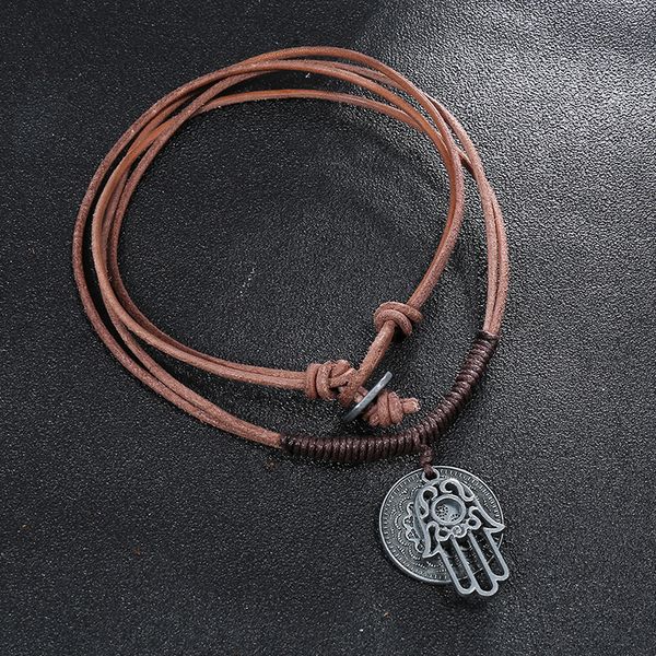 

vintage woven cowhide necklace european and american men's beach necklace, Black