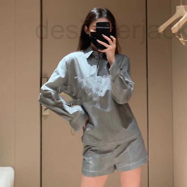 

women's two piece pants designer high end early autumn new product classic double pocket embossed grey denim set lpix, White