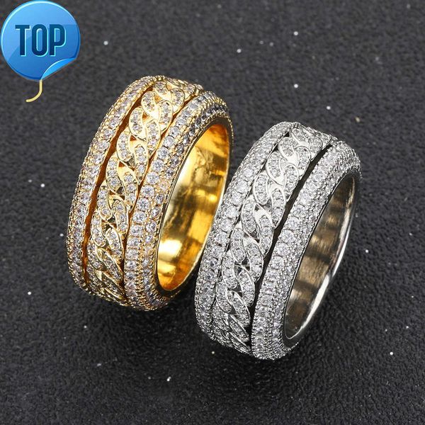 

excellent jewelry rotation hip hop diamond copper zircon real gold plated cz iced out bling rotatable cuban chain spinner ring, Silver