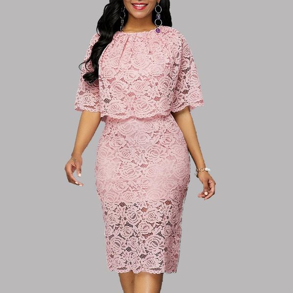 

2021 slim dress round neck lace cutout dress female elegant five-point sleeves slim party dress female vestidos, Black;gray