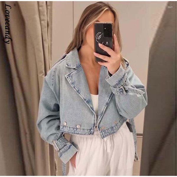 

women's jackets molan woman denim cropped jacket with belt female fashion turn down collar long sleeve short coats lady spring streetwe, Black;brown