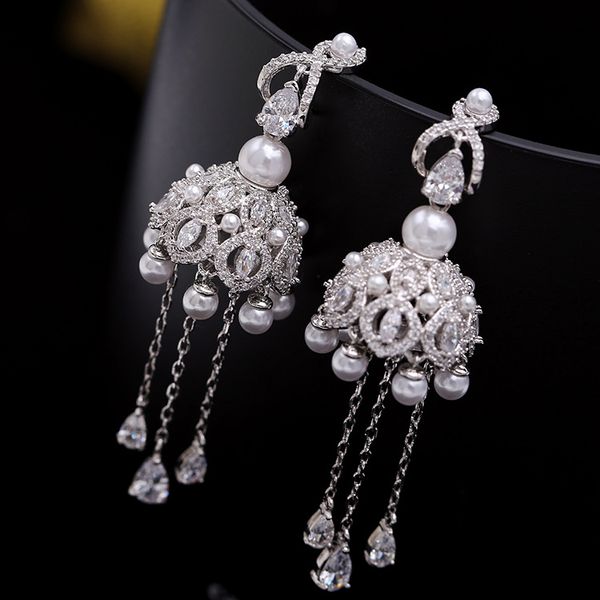 

luxury designer wind chime fringe earrings diamond bell long charm earrings for women wedding party large statement pearl ear rings female e, Golden