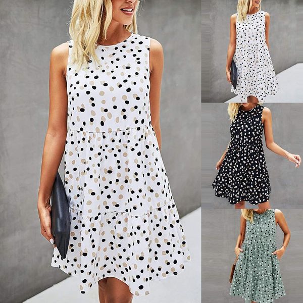 

summer women sundress o neck dots print sleeveless large hem loose knee-length dress ladies office holiday party female, Black;gray