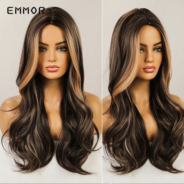 

synthetic natural long middle part hair wig black brown with blonde cosplay wavy wig fashion heat resistant wigs for womenfacto