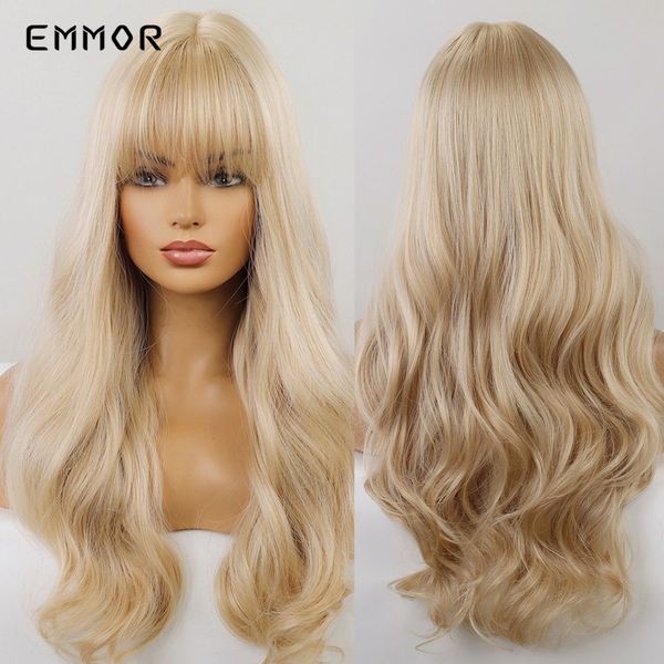 

synthetic long light blonde natural wave hair wigs with bangs high temperature fluffy cosplay daily wig for womenfactory direct, Black