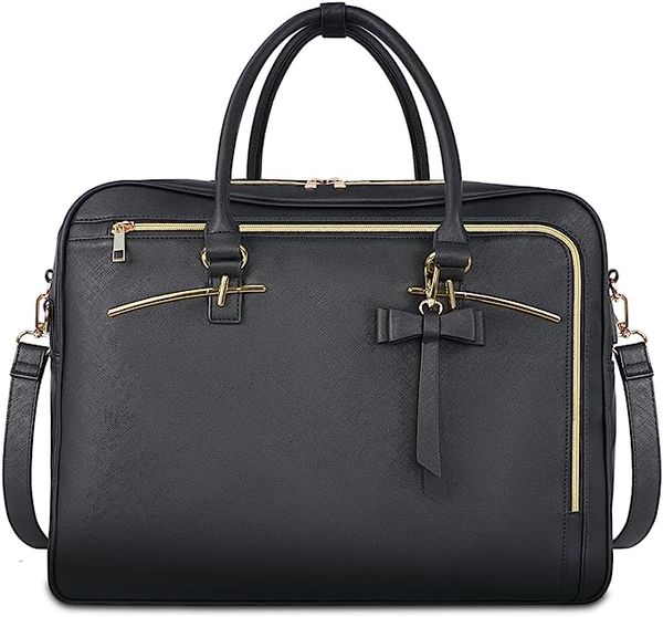 

waterproof pu leather women lapbag for work, 3 in 1 shoulder bag computer messenger bag gift for business women, black