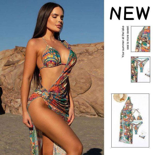 

printed bikini mesh beach dress three piece swimsuit womens, White;black