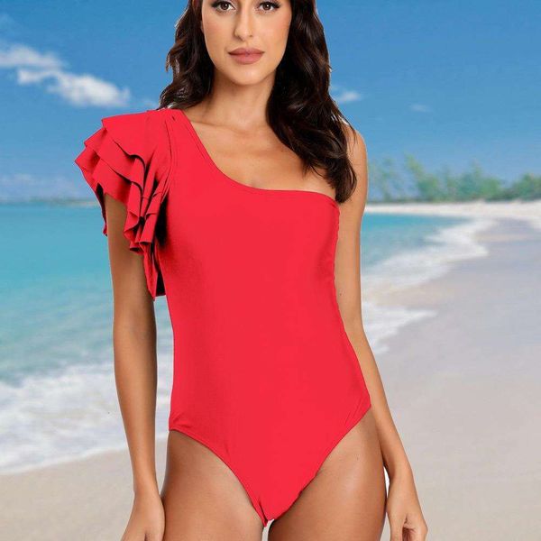 

one piece shoulder ruffled swimsuit solid color womens conservative triangle tight, White;black