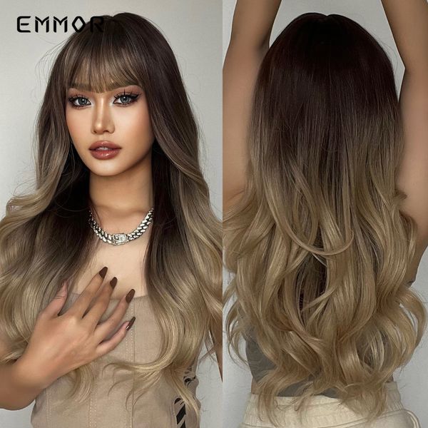 

synthetic ombre black to blonde brown hair wig with bangs natural wavy wig for women cosplay heat resistant fiber wigsfactory d