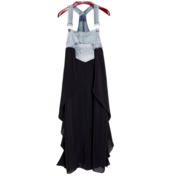 

2023 summer new elegant women's dress loose denim patchwork chiffon overalls suspender dress spaghetti strap robe, Black;gray