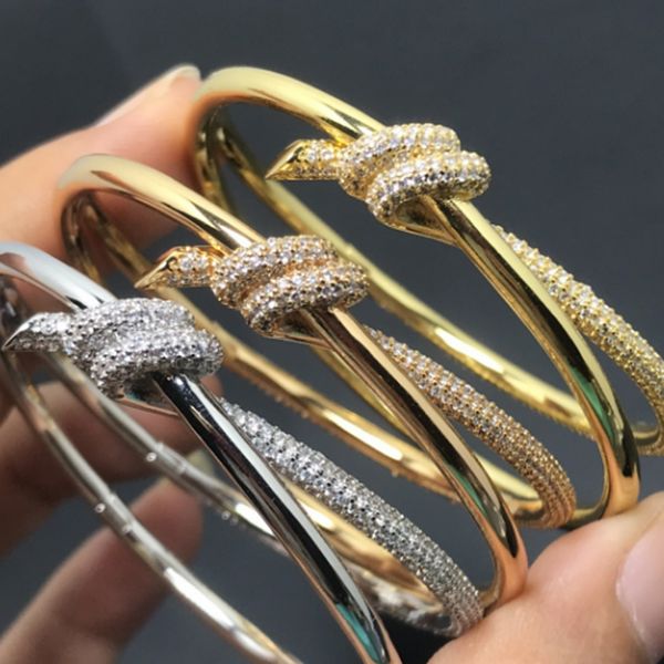 

t brand luxury knot designer bangle bracelet double line rope womens minority 18k gold silver shining crystal diamond bangles bracelets jewe, Golden;silver