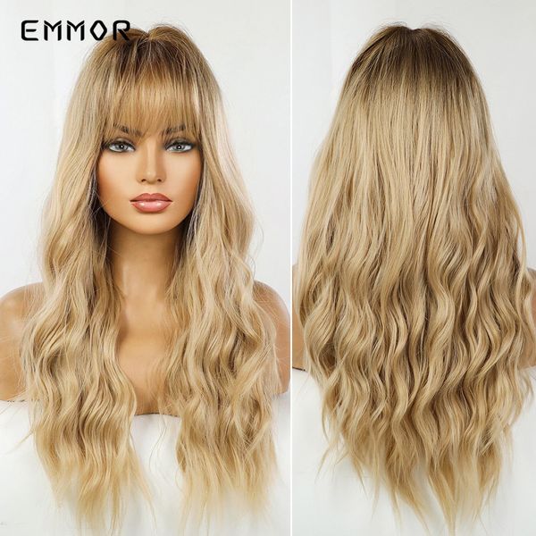

synthetic ombre brown blonde wig for women natural long wavy wigs heat resistant fiber daily cosplay party wave hair wigfactory, Black
