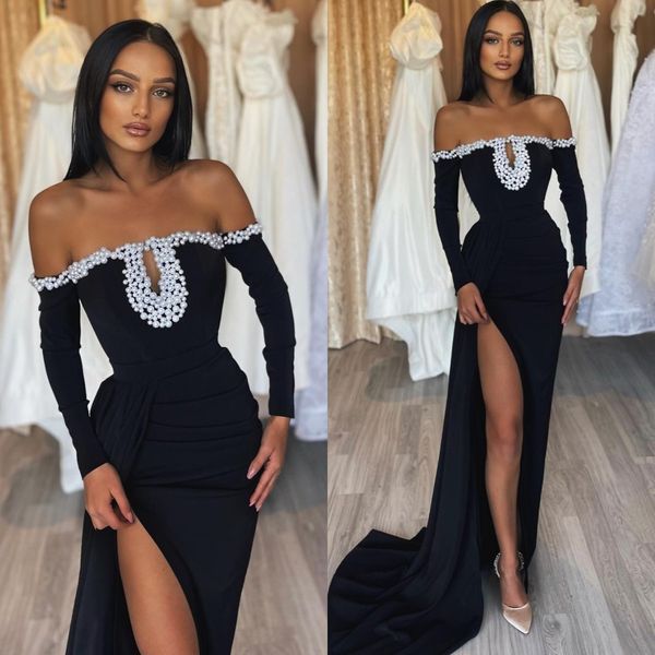 

chic black sequins prom dresses pearls off shoulder party evening gowns pleats split formal long special occasion dress